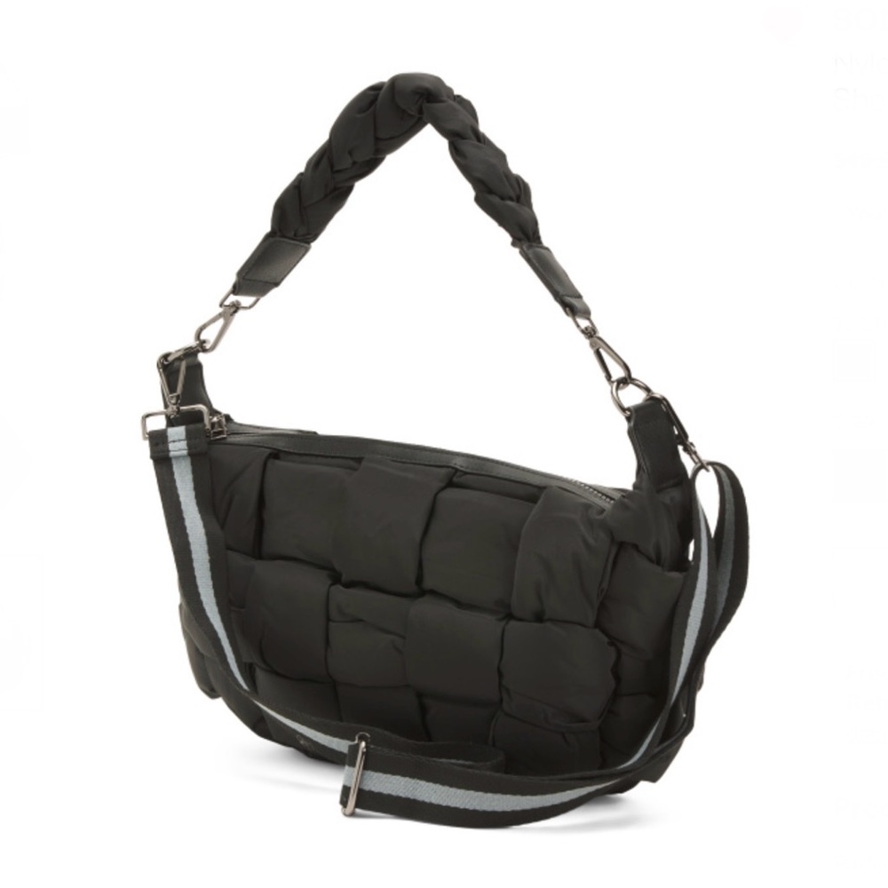 SOL & SELENE Black Nylon Medium Woven Hobo With Top Handle & Shoulder Strap NWTS